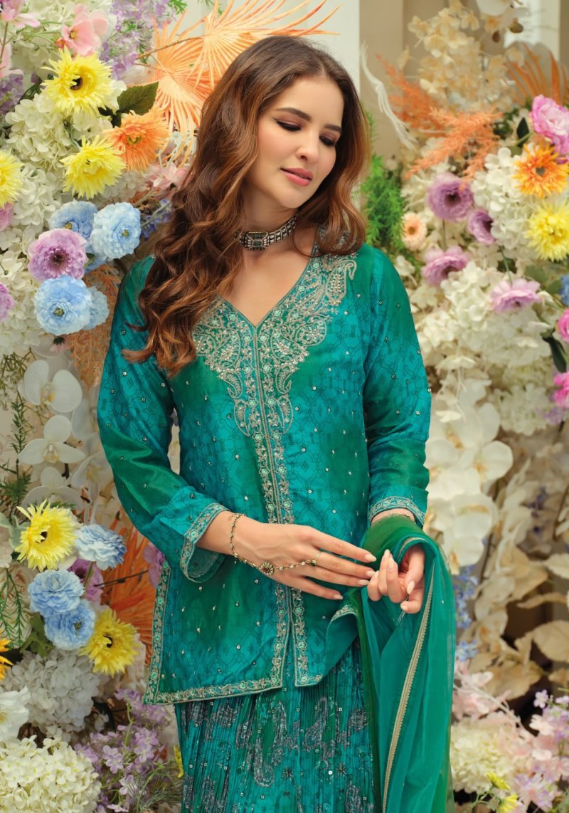 D 2372 By Eba Chinon Printed Embridery Indo Western Lehenga Skrit 